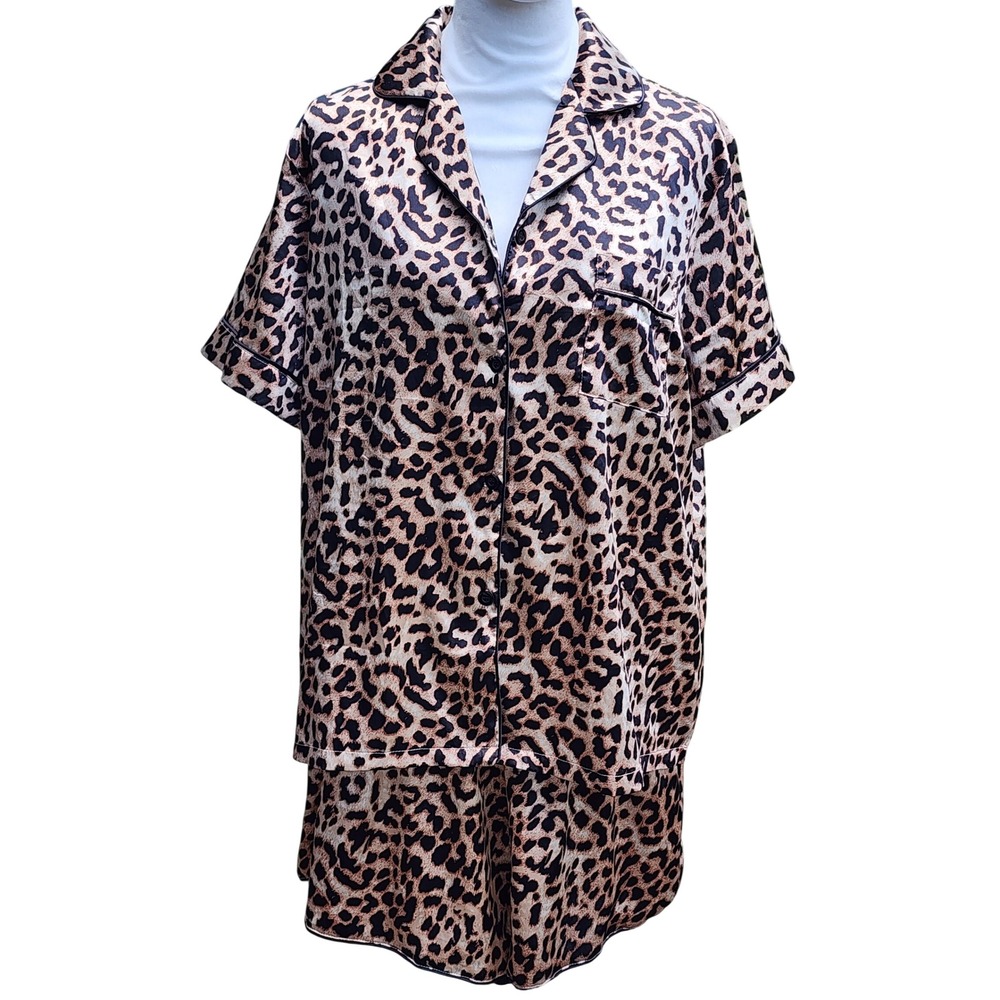 Ekouaer Leopard Print Satin Pajama Set Short Sleeve Button Down Womens SZ L